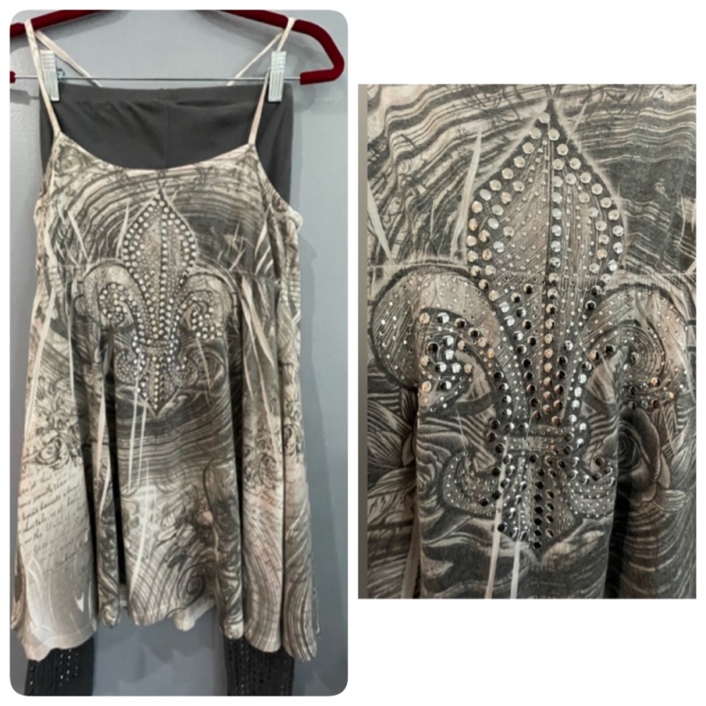 Vegas Royalty (2) Piece Set Gray & White Embellishment Tank Top New Orleans Sz M